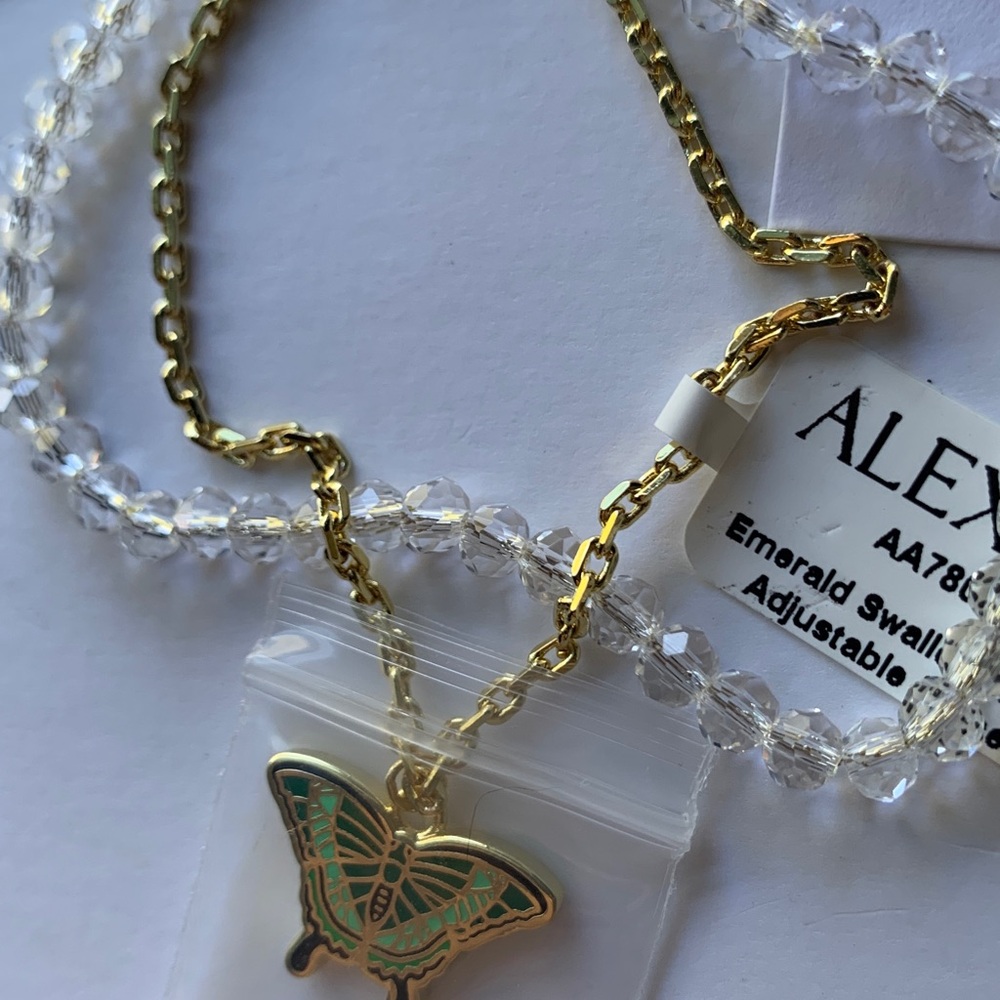Alex & Ani Butterfly Bracelet Bead Chain Yellow Gold Emerald Swallowtail Charm